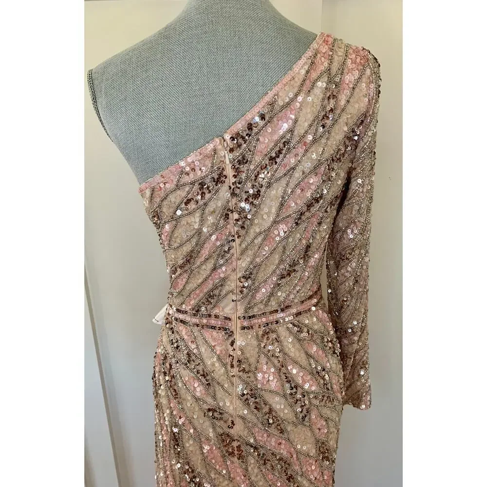MacDuggal One Shoulder Sequin Gown Maxi in Pink/Silver Size 8 Beaded Long Sleeve - Picture 6 of 9